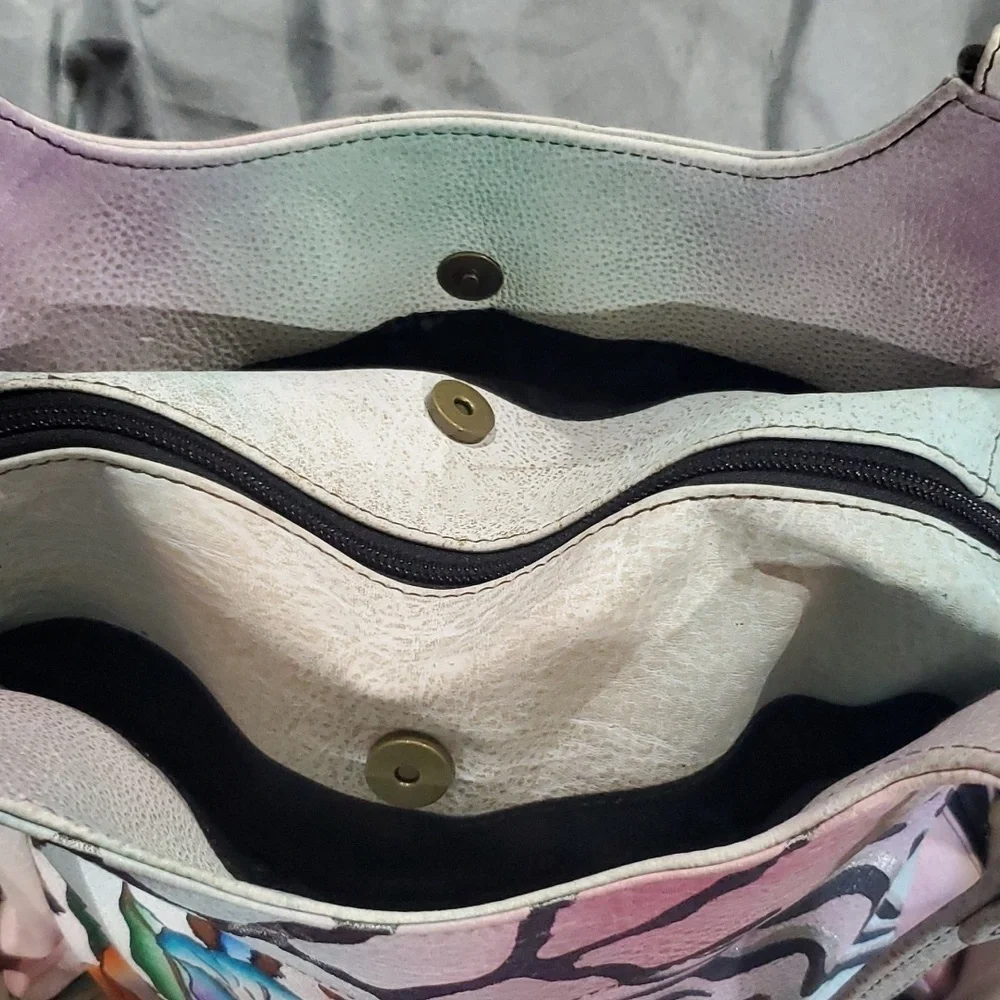 Anuschka handpainted pastel floral animal pattern leather shoulder bag